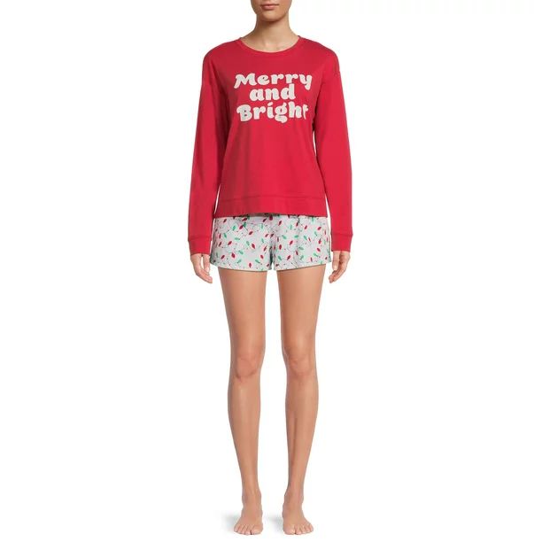 Grayson Social Women's and Women's Plus Christmas Long Sleeve Top and Sleep Shorts Set, 2-Piece | Walmart (US)