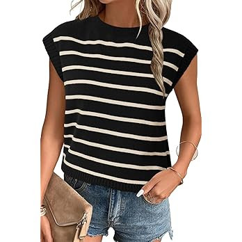 Arach&Cloz Womens Spring Summer 2024 Sweater Vest Cap Sleeve Crew Neck Striped Fashion Casual Sle... | Amazon (US)
