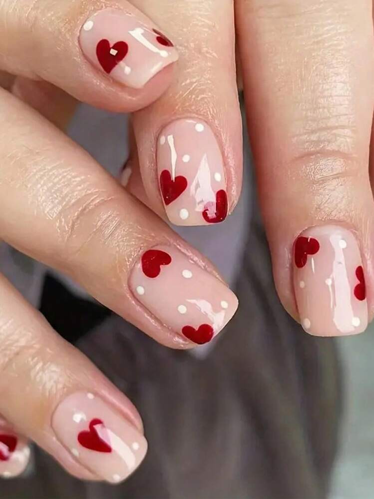 24 Y2K Nude Pink Short Square Fake Nails, Red Heart With White Polka Dot Design, Full Cover Fake ... | SHEIN