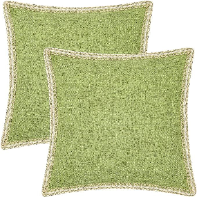 Chartreuse Green Farmhouse Linen Pillow Covers 24x24 Inch Set of 2, Rustic Lace Trim Decorative T... | Amazon (US)