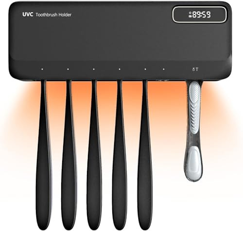 SwanKiss UV Toothbrush Sanitizer Holder for Bathrooms, 5+1+1 Slots Toothbrush Sanitizer and Holder, Rechargeable Cordless Wall Mounted Tooth Brush Holder with Heating Functions, No Drilling (Black) | Amazon (US)