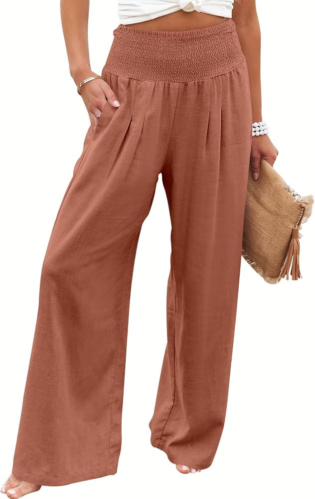 ANRABESS Women Linen Palazzo Pants Summer Boho Wide Leg High Waist Casual Lounge Pant 2025 Beach ... | Amazon (US)