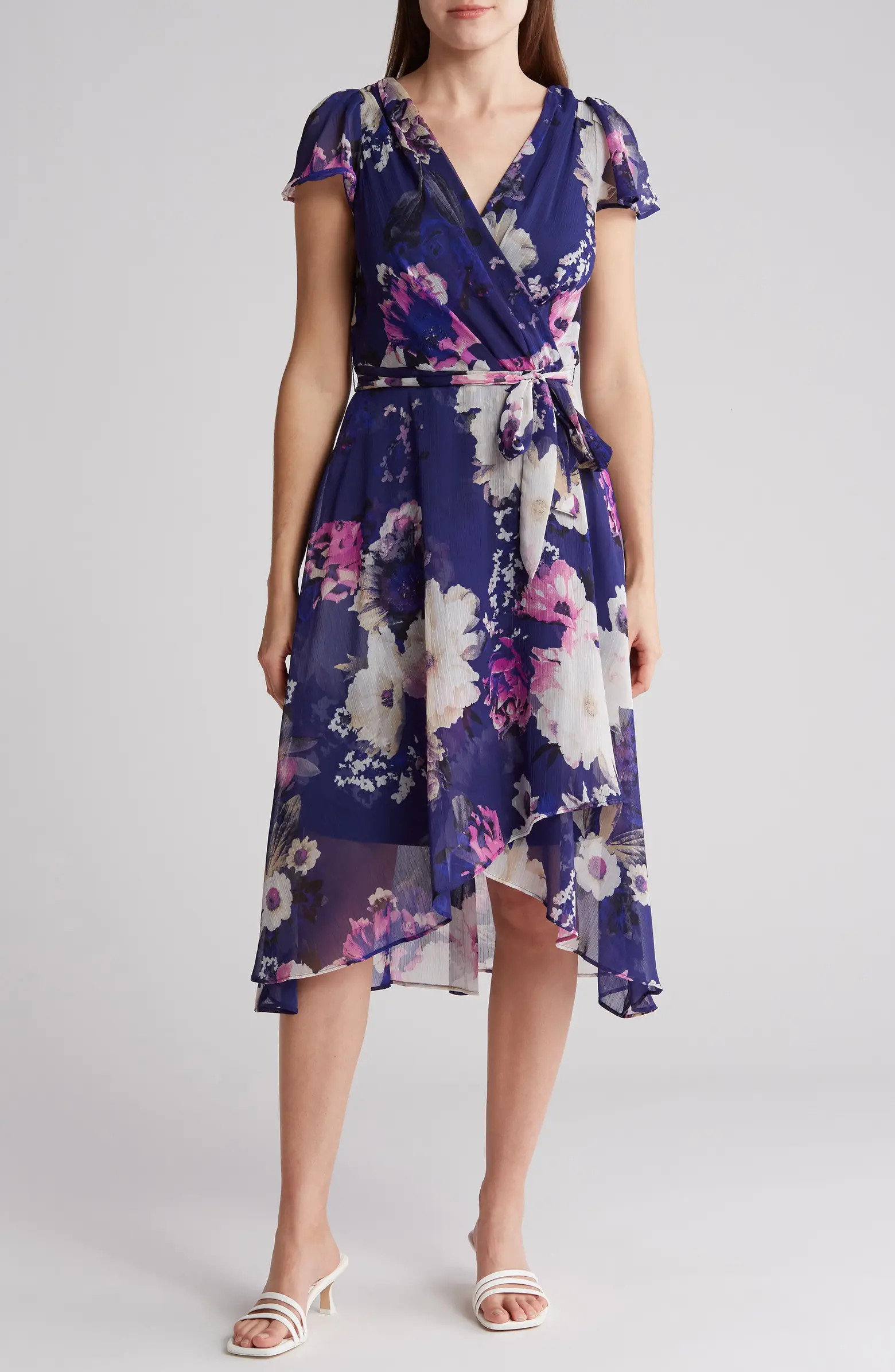 Floral Flutter Sleeve Faux Wrap Midi Dress | Nordstrom Rack