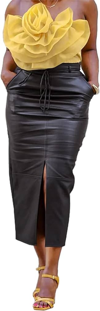 Faux Leather Skirts for Women - Casual High Waisted Split Bodycon Pencil Midi Skirts with Pockets | Amazon (US)
