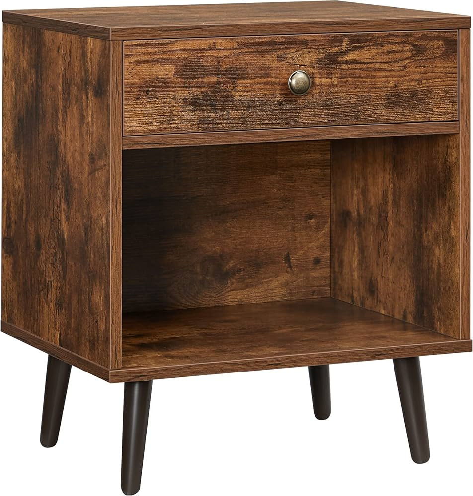 VASAGLE Nightstand, Small Bedside Table with Drawer, Open Compartment, and Pine Wood Legs, for Livin | Amazon (US)