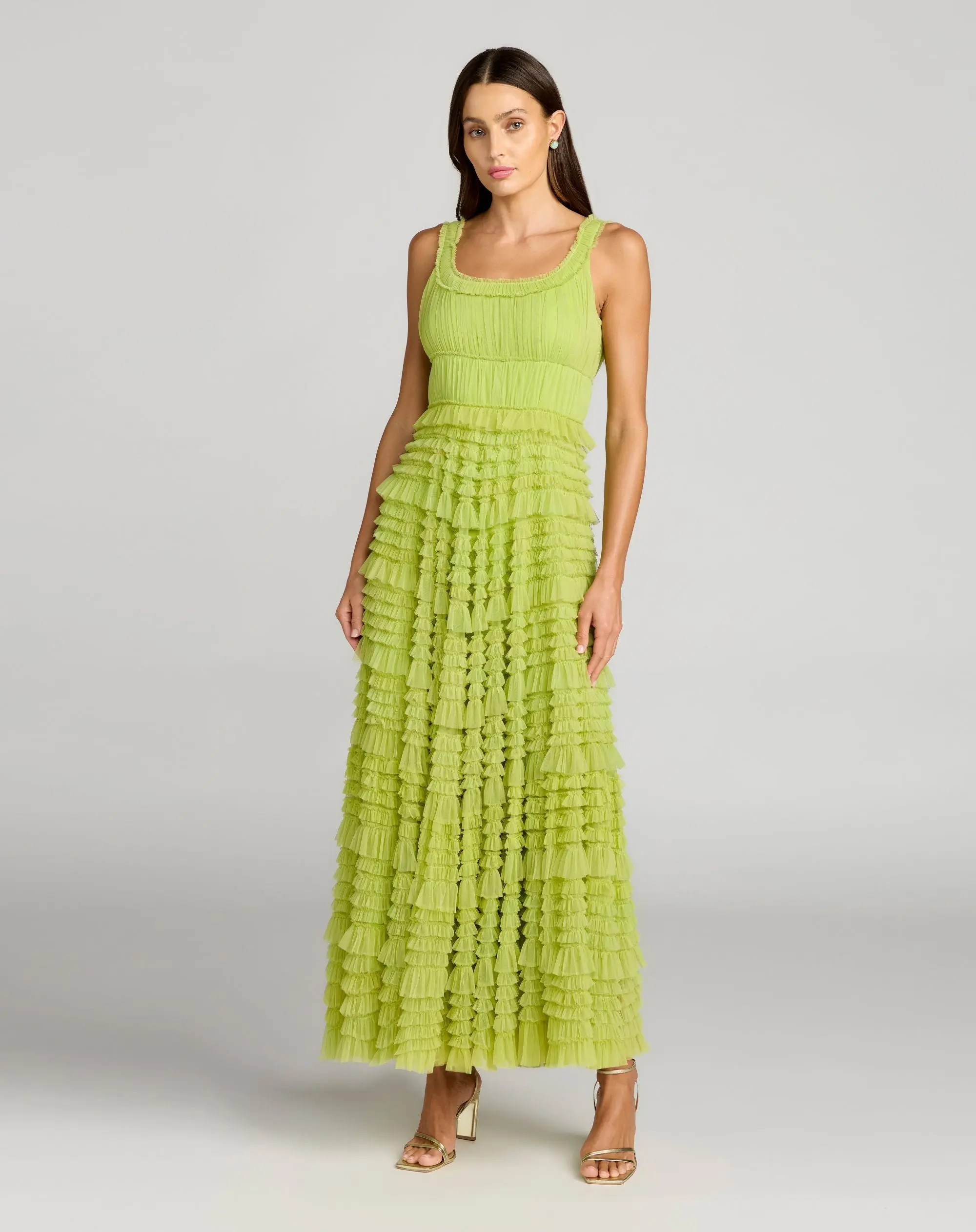 Green Micro Ruffle Sleeveless Scoop Neck Maxi Dress | Mac Duggal | Mac Duggal