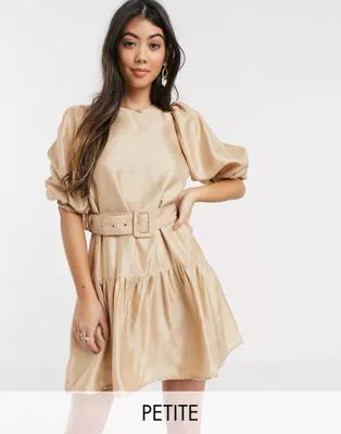 Vero Moda Petite smock dress with belt and volume sleeve in beige | ASOS (Global)