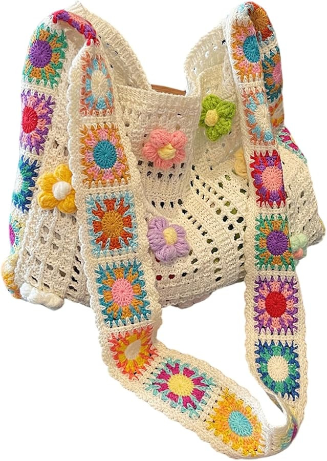 QWINEE Women's Boho Embroidery Crossbody Bag Hollow Out Crochet Knit Shoulder Bag Tote Handbag | Amazon (US)