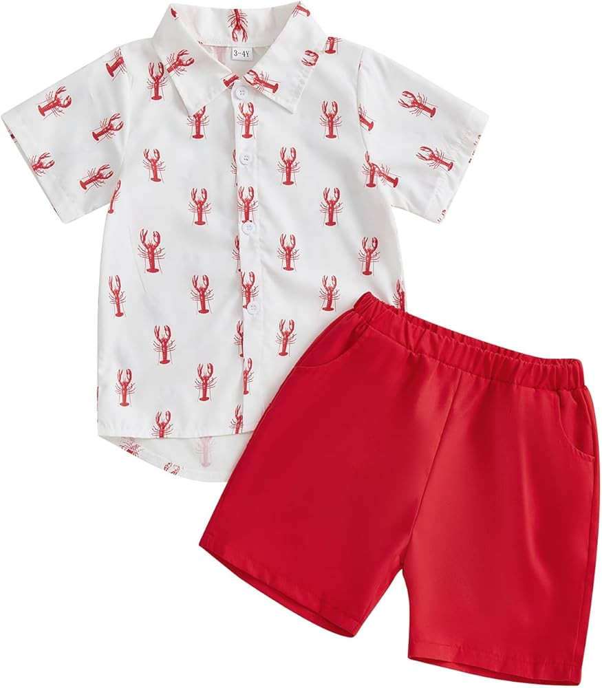 Lenjindjer Toddler Baby Boys Summer Clothes Sets Short Sleeve Lobster Print Lapel T-shirt Solid S... | Amazon (US)