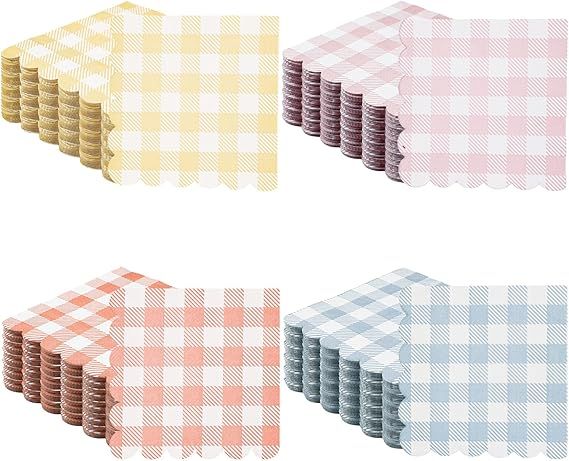 Fulmoon 100 Pack Gingham Napkins Pastel Scalloped Cocktail Napkins 2 Ply Disposable Checkered Nap... | Amazon (US)
