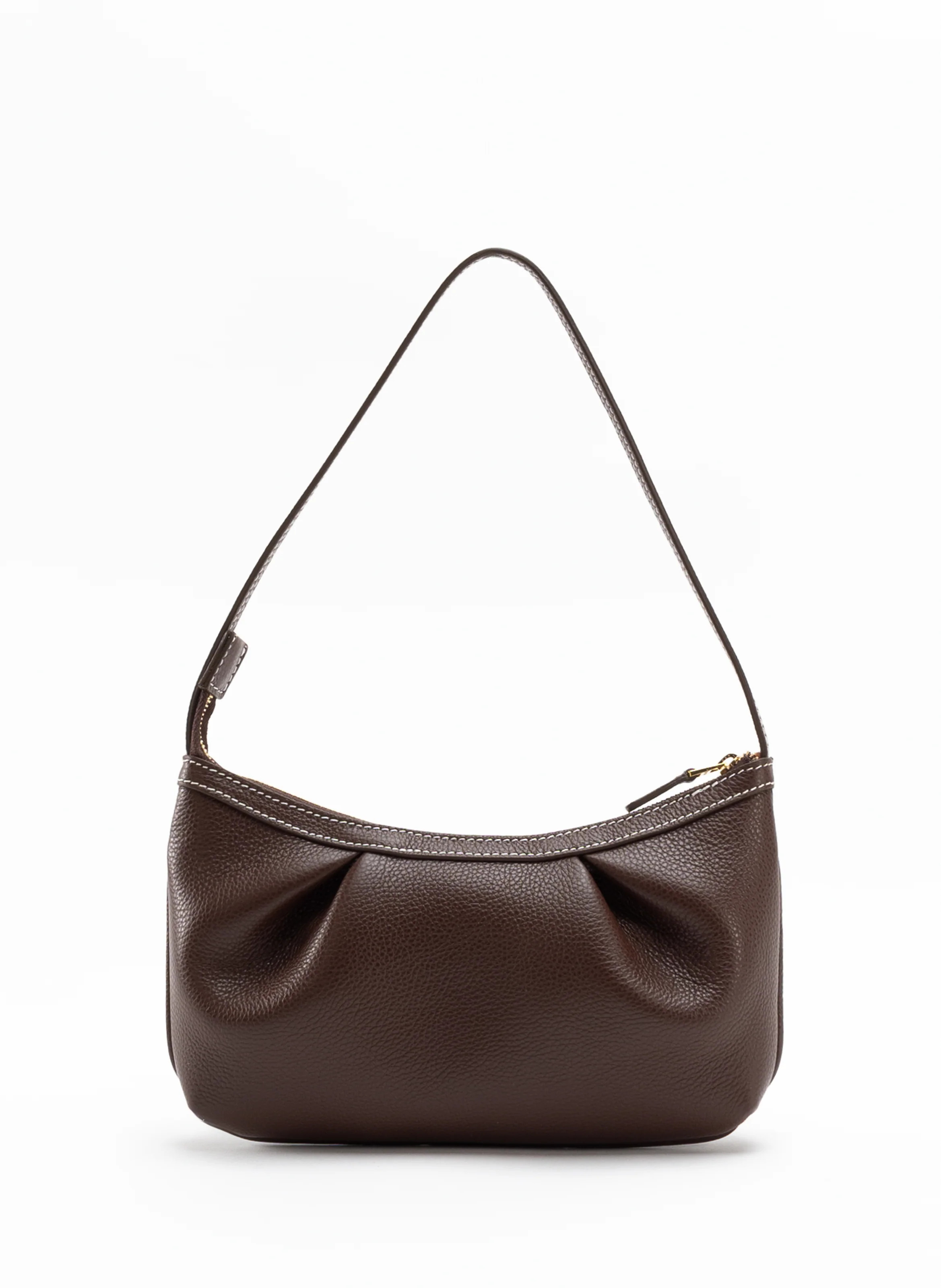 Dimple Pochette Pebbled Leather Dark Brown White Stiches - French Leather Bags - Elleme | Elleme