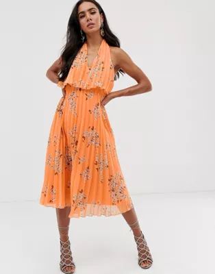 ASOS DESIGN pleated midi dress with double layer bodice and v neck in orange floral print | ASOS (Global)