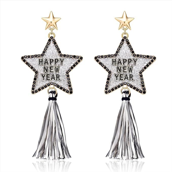 New Years Eve Earrings for Women Glitter Rhinestone Happy New Year Star Earrings Long Fringe Tass... | Amazon (US)