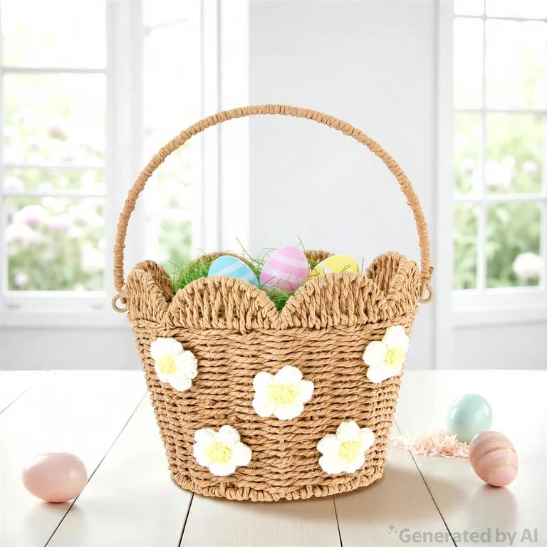 Flower Paper Basket, White and Brown, 9" x 7", Easter by Way To Celebrate | Walmart (US)