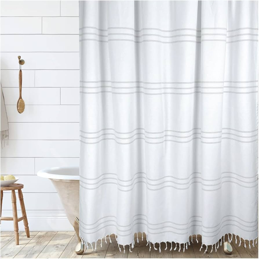 HALL & PERRY Modern Farmhouse White Stripe Shower Curtain with Tassels - Horizontal Taupe Striped... | Amazon (US)
