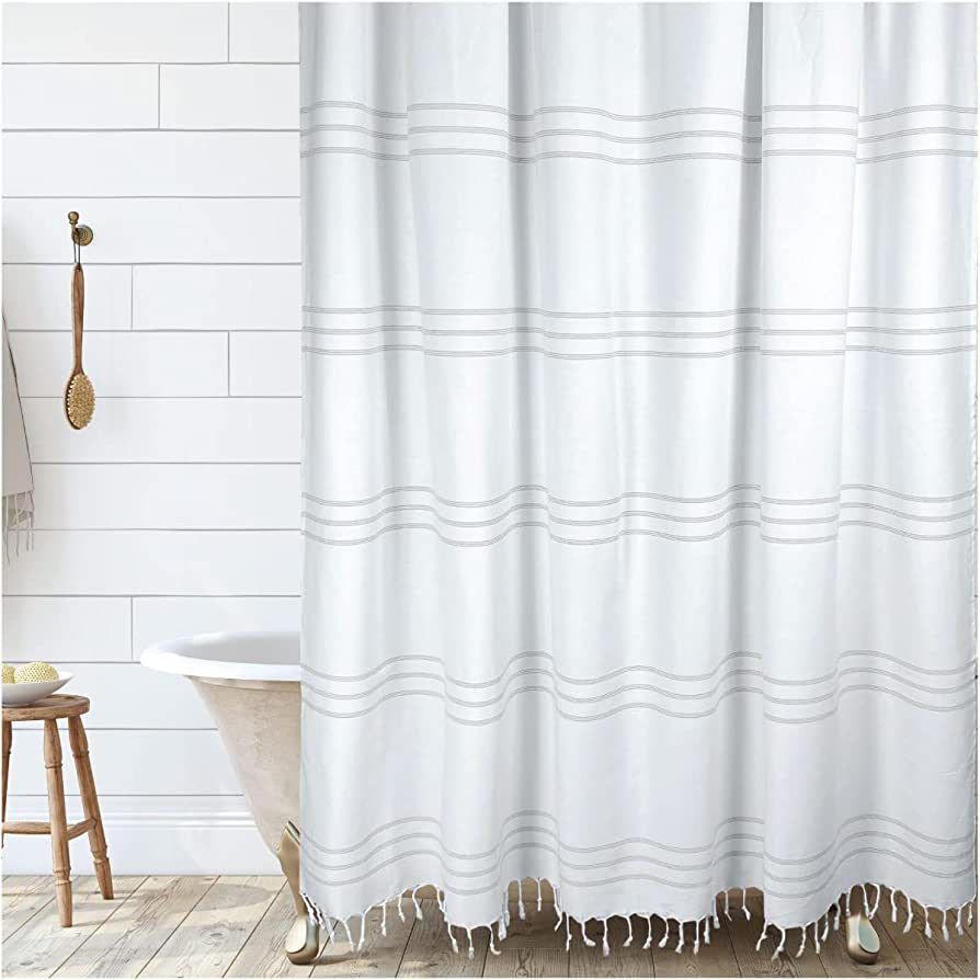 HALL & PERRY Modern Farmhouse White Stripe Shower Curtain with Tassels - Horizontal Taupe Striped... | Amazon (US)
