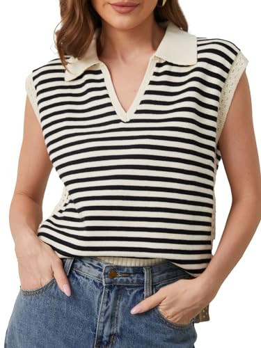SAFRISIOR Summer Sweaters for Women Cap Sleeve Striped Sweater Vest V Neck Sleeveless Knit Tank Top Trendy Clothing Beige | Amazon (US)