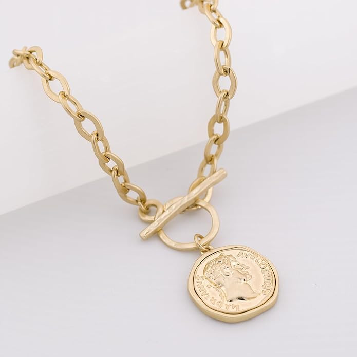 Chunky Coin Antique Gold Plated Thick Link Chain Layered Pendant Necklace for Women 18 Inch Trend... | Amazon (US)