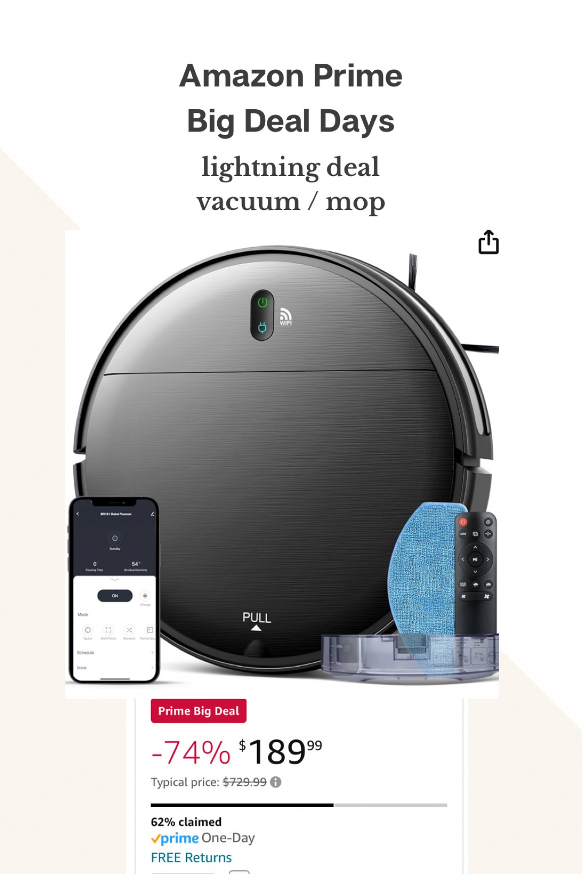 Insane lighting deal! Vacuum / mop robot with WiFi control & remote. 74% off & clippable $37 off coupon. 
