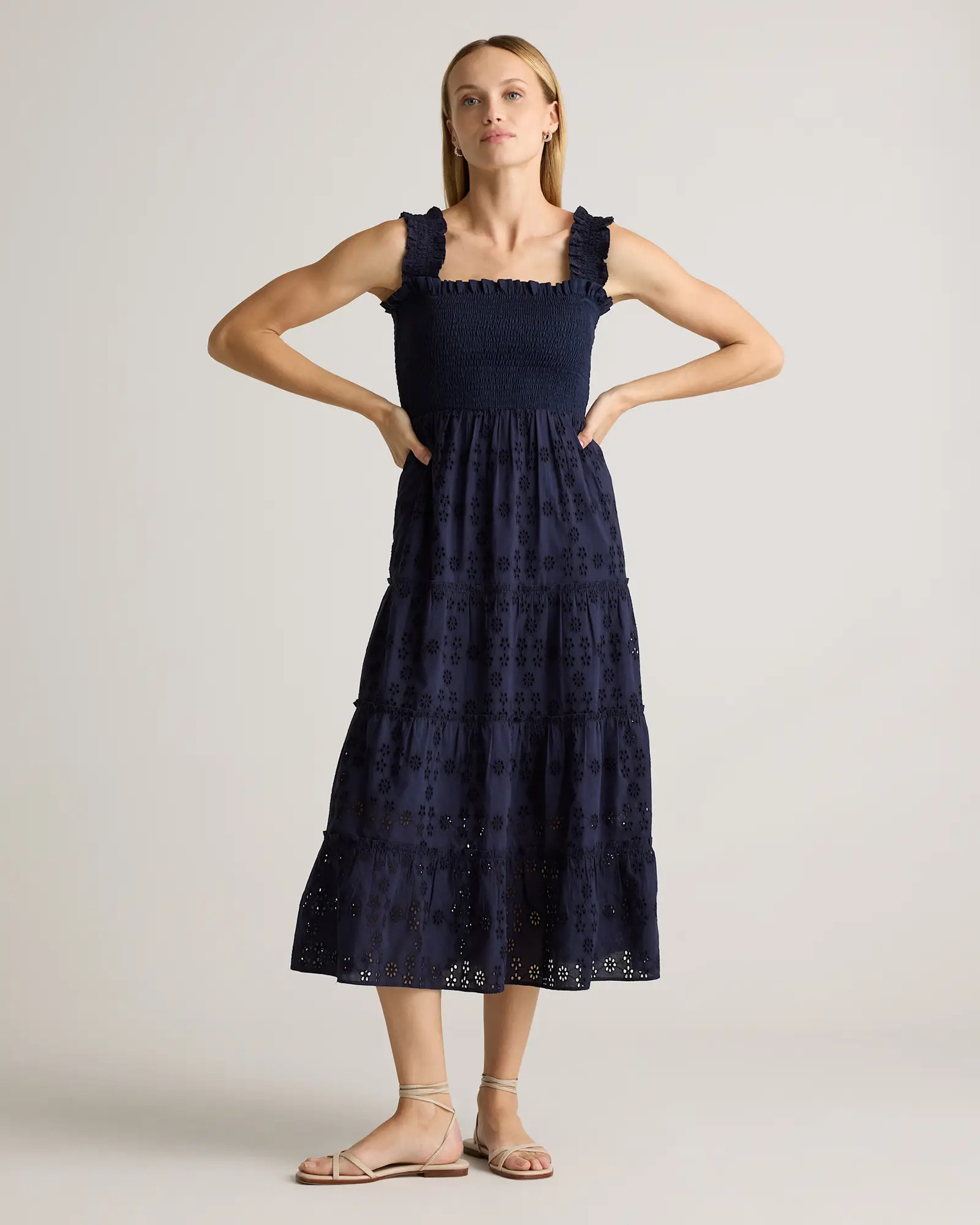 100% Organic Cotton Eyelet Smocked Midi Dress in Navy | Quince
