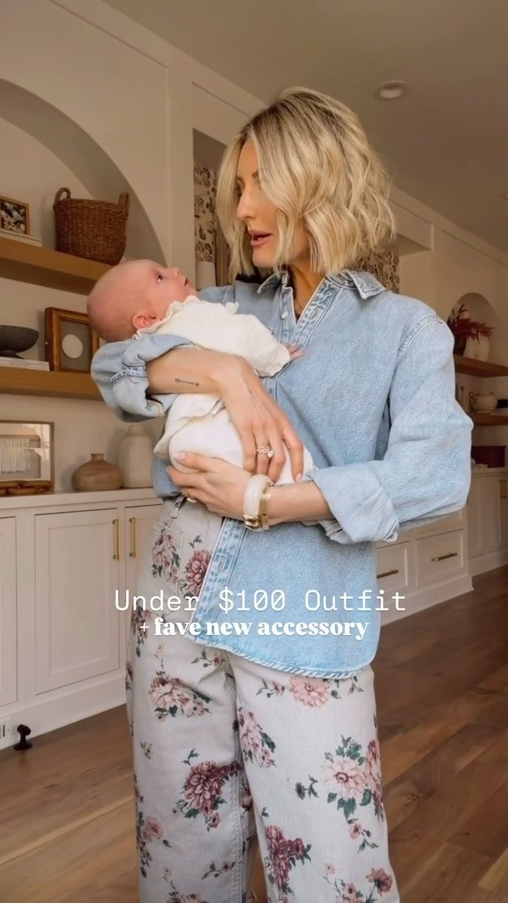 Obsessed with this outfit that you can wear now & into spring! This denim top is a staple you can wear so many different ways! I love how it looks with these floral pants! Wearing  M in shirt & 2 in the jeans!

Loverly Grey, under $100, affordable looks, denim shirt, spring outfit, post partum, breast feeding friendly, floral pants, floral jeans, beaded necklace, baby, Target 

#LTKmomlife #LTKBaby