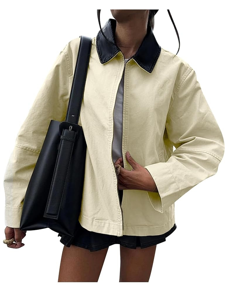 COZYPOIN Womens Lightweight Jacket Contrast PU Leather Zip Up Utility Cargo Barn Coat Fall Canvas... | Amazon (US)