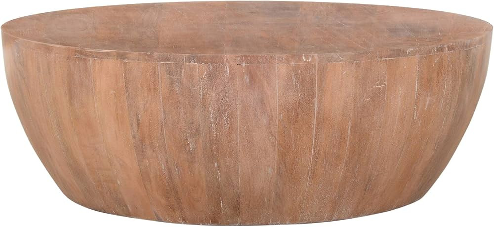 The Urban Port Drum Shape Wooden Coffee Table with Plank Design Base, Distressed Brown | Amazon (US)