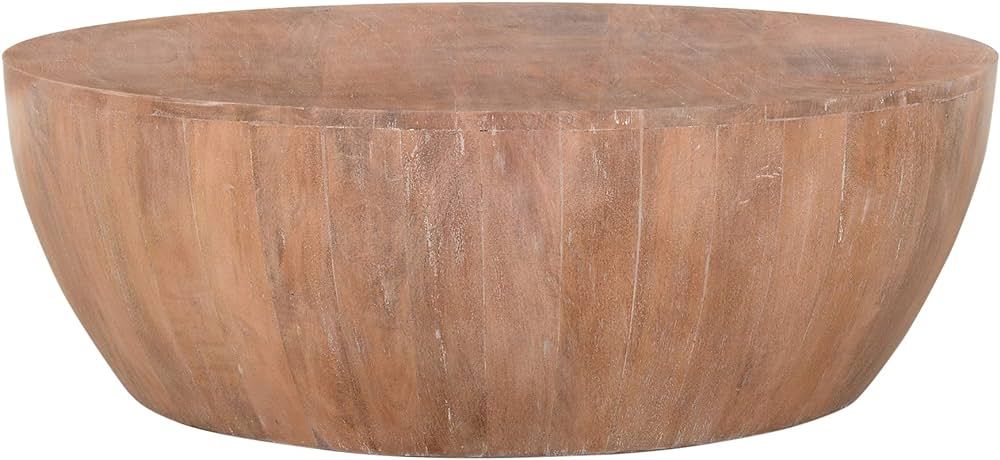 The Urban Port Drum Shape Wooden Coffee Table with Plank Design Base, Distressed Brown | Amazon (US)