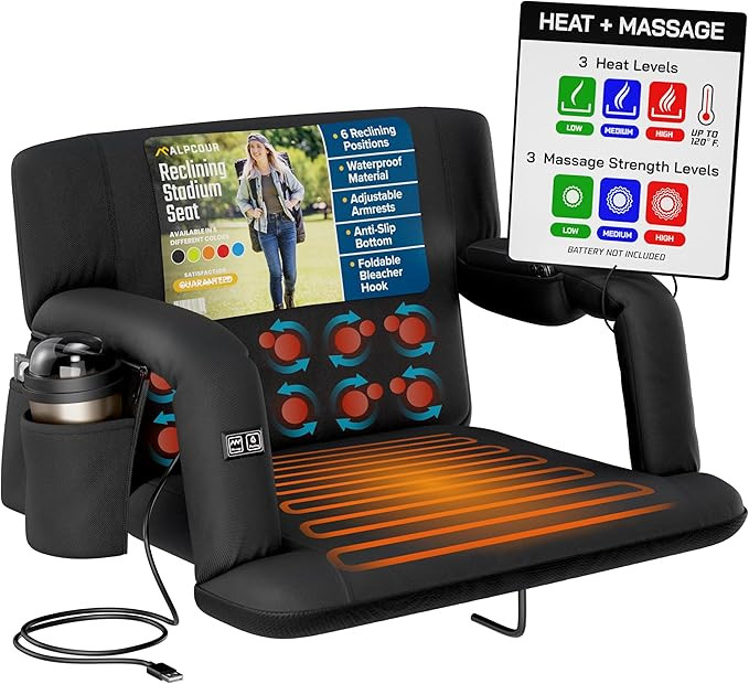 Alpcour Heating Massage Stadium Seat – Deluxe Extra-Wide Reclining Bleacher Chair with Back & A... | Amazon (US)