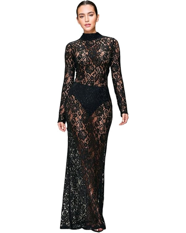 JUMISEE Women's Sexy See Through Floral Lace Maxi Dress Elegant Sheer Mock Neck Long Sleeve Eveni... | Amazon (US)