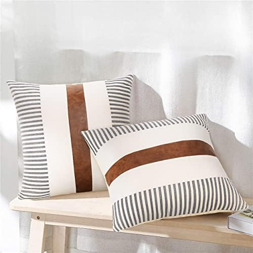 JASEN Set of 2 Farmhouse Stripe Patchwork Linen Throw Pillow Covers, Brown Faux Leather Modern De... | Amazon (US)