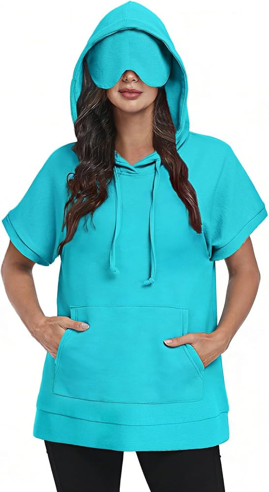 Kimmery Travel Hoodie with Eye Mask Women Short Sleeve Oversized Sweatshirt Pullover with Pocket ... | Amazon (US)