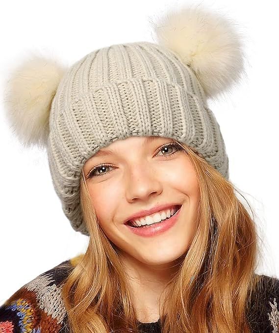 Womens Winter Double Pom Pom Beanie Hats Detachable Fur Ball Cute Cap Warm Soft Cable Knit Hat wi... | Amazon (US)