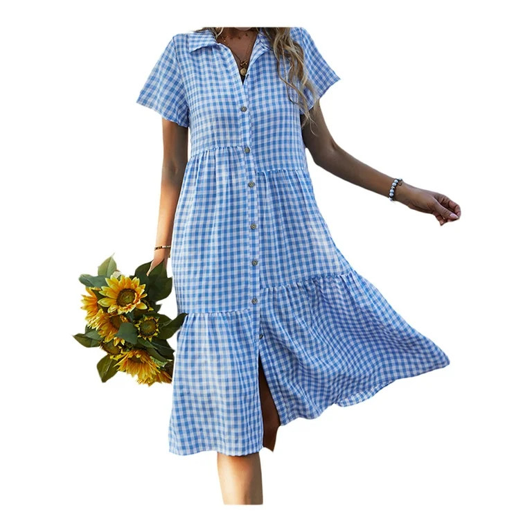 Pudcoco Women Summer Button Down Shirt Dress Short Sleeve Plaid Midi A-line Dress | Walmart (US)