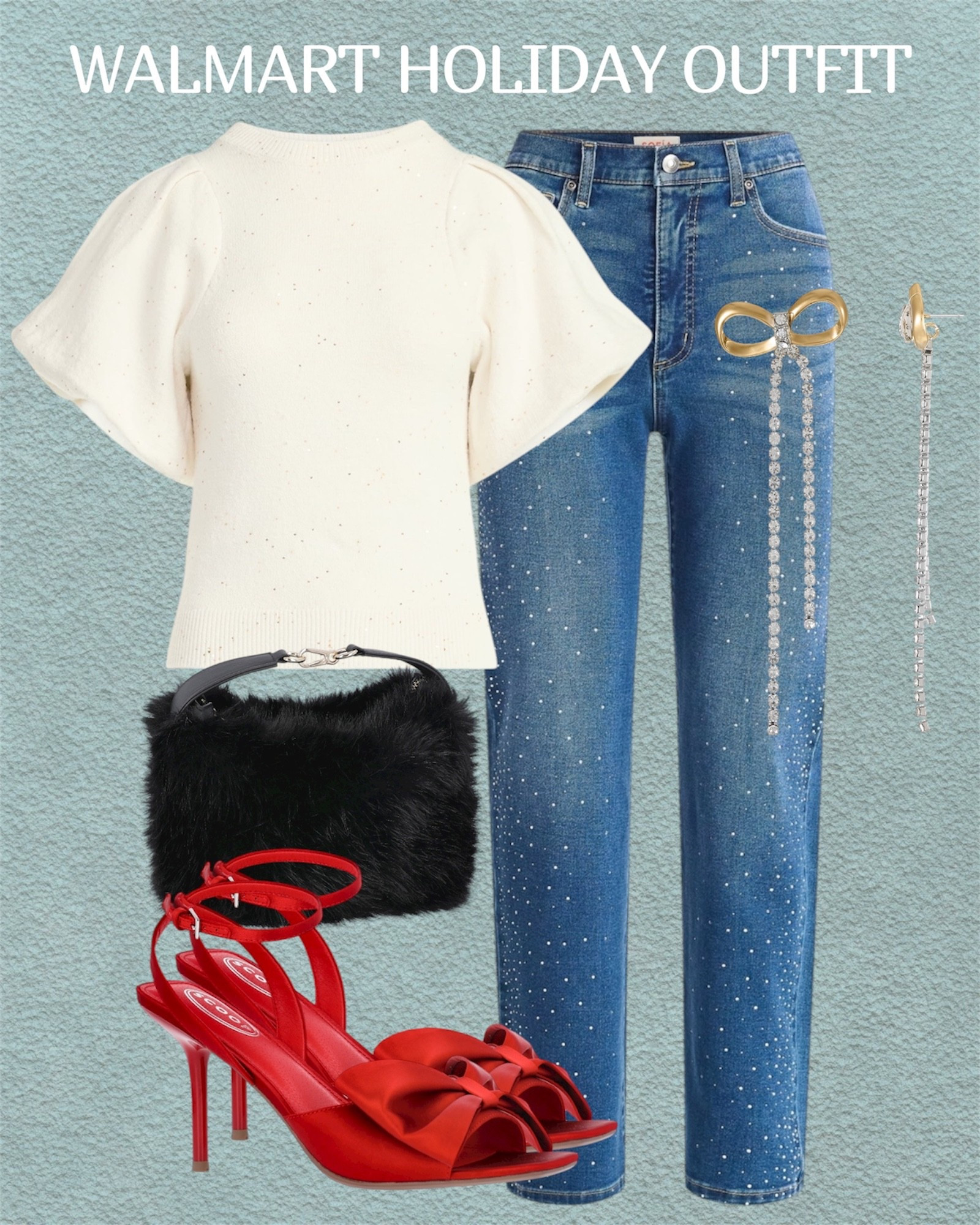 Walmart holiday outfit idea. Simple, cute and affordable. Love the pop of red! 




Viral sparkle jeans, Walmart viral jeans, Christmas outfit, Walmart Christmas outfit, Christmas shoes, red shoes, 

#LTKParties #LTKShoeCrush 

#LTKSeasonal #LTKHoliday