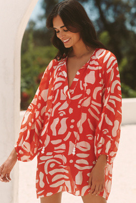 Maeve Long-Sleeve Tie-Neck Mini Kaftan | Anthropologie (US)