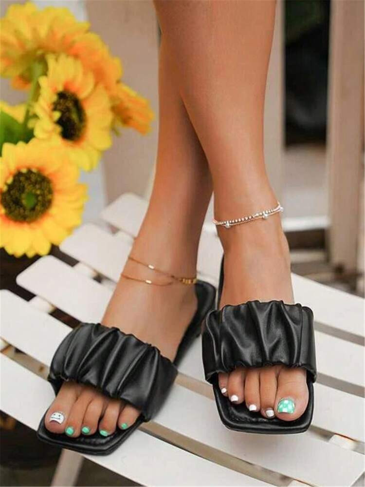 Women Ruched Detail Flat Sandals, Elegant Black Slide Sandals For Summer | SHEIN