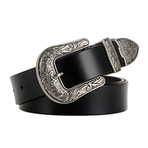 JASGOOD Women Leather Belts Ladies Vintage Western Belt Cowboy Cowgirl Country Belt Design Black Waist Belts for Pants Jeans Dresses | Amazon (US)