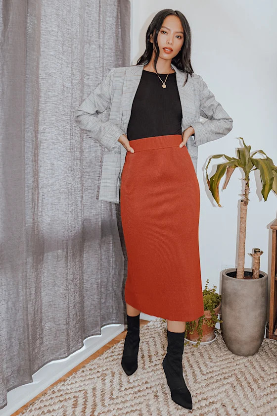 Seasonal Fave Rust Orange Ribbed Knit Midi Sweater Skirt | Lulus (US)