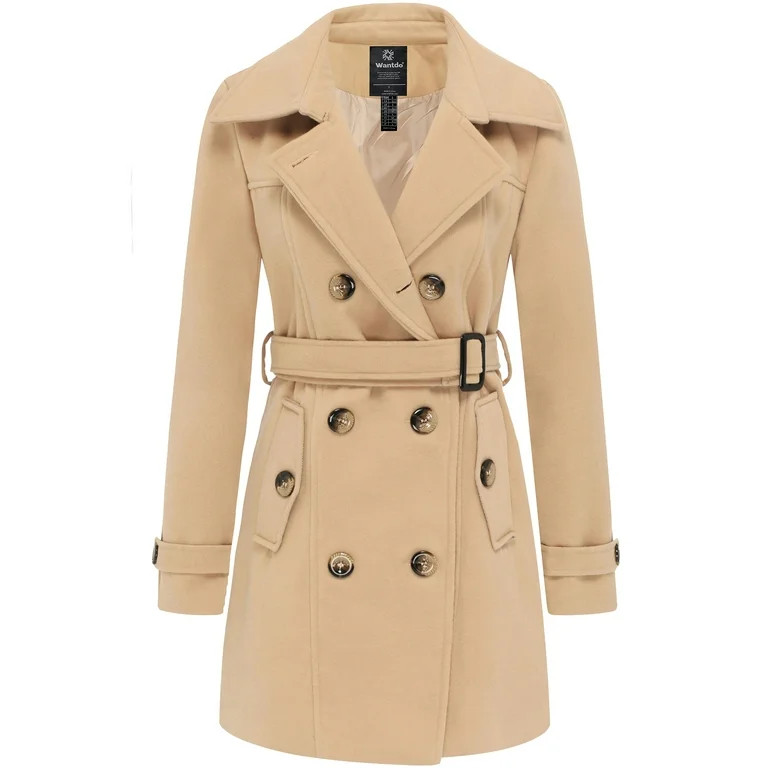 Wantdo Women's Pea Coat Winter Peacoat Double-Breasted Wool Coat with Belt Khaki M | Walmart (US)