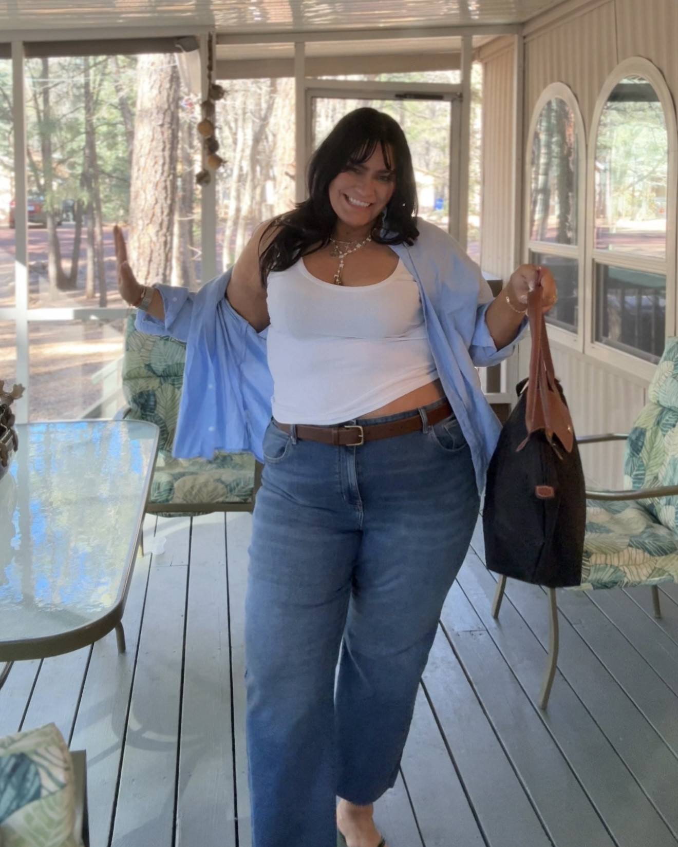 Wearing XL in blue linens button down and white ribbed tank. Cropped jeans are very stretchy but hold shape so well. I’m between a 16/18 these are 18 but I wish I did 16. So tts but if your between sizes go with the smaller. Flip flops are comfortable! And this bag is my everyday bag especially for work. Linked all of my jewelry. Pearl name necklace is ikigai jewelry. Stats 5’6” 225 lbs 

#LTKPlusSize #LTKMidsize #LTKootd