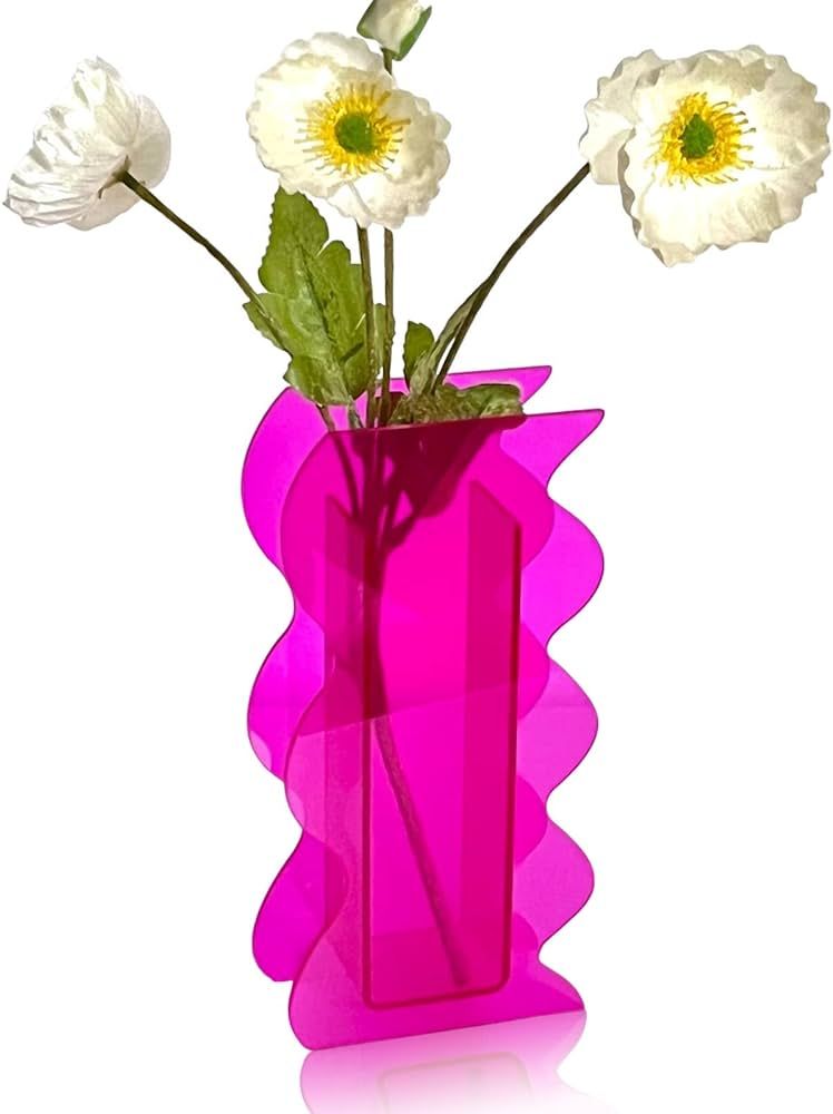 BLOFLO Hot Pink Acrylic Vase, 8-Inch Wave Shaped Acrylic Vases for Flowers, Funky Acrylic Flower ... | Amazon (US)