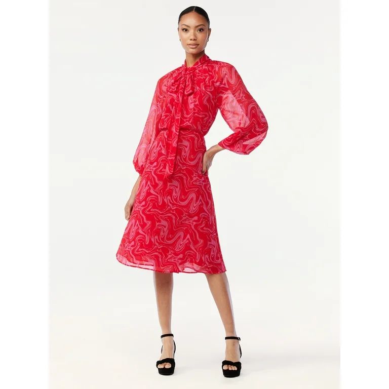 Scoop Women's Midi Dress with Necktie - Walmart.com | Walmart (US)