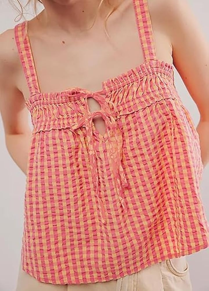 Anoumcy Cotton Gingham Tie Front Tank Tops for Women Girls Cute Plaid Tank Tops Casual Summer Going Out Top | Amazon (US)