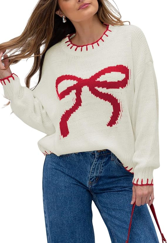 Women Y2K Bow Knit Sweater Crew Neck Long Sleeve Knitted Pullover Oversized Contrast Trim Knitwea... | Amazon (US)