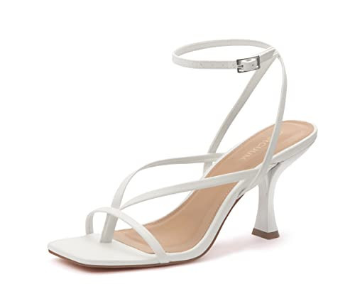 Carcuume Womens Kitten Heels Square Toe Thong Strappy Ankle Strap Stiletto Heel Sandals,CAMILE-WHITE PU-11 | Amazon (US)