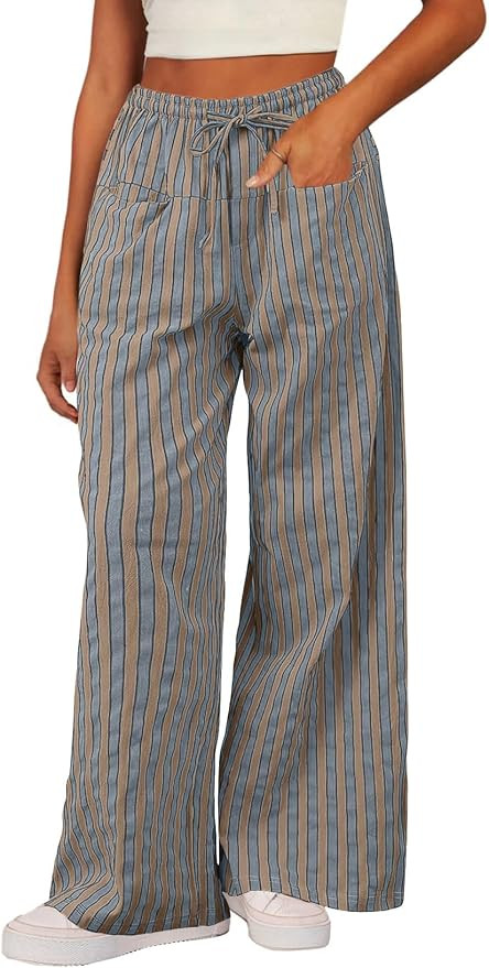 Acelitt Women Casual Drawstring Elastic Waist Loose Wide Leg Striped Pants with Pockets, S-XXL | Amazon (US)