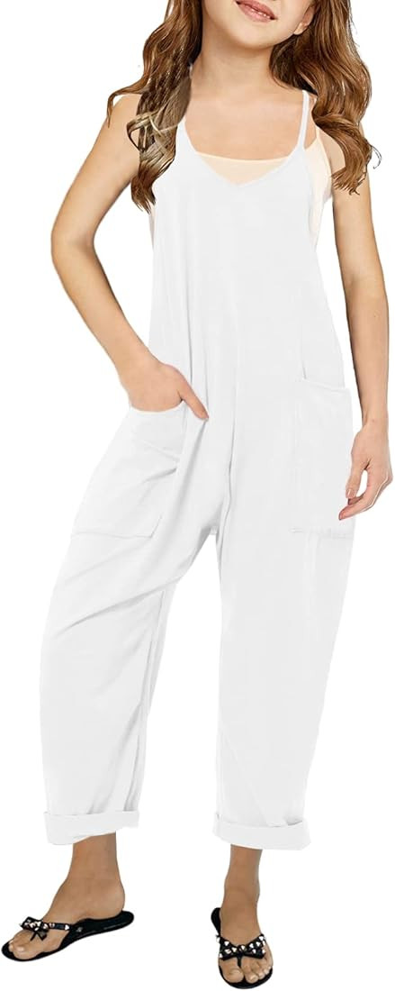 Cnkwei Girls' Casual Sleeveless Jumpsuits Spaghetti Strap Loose Romper Long Pants with Pockets | Amazon (US)