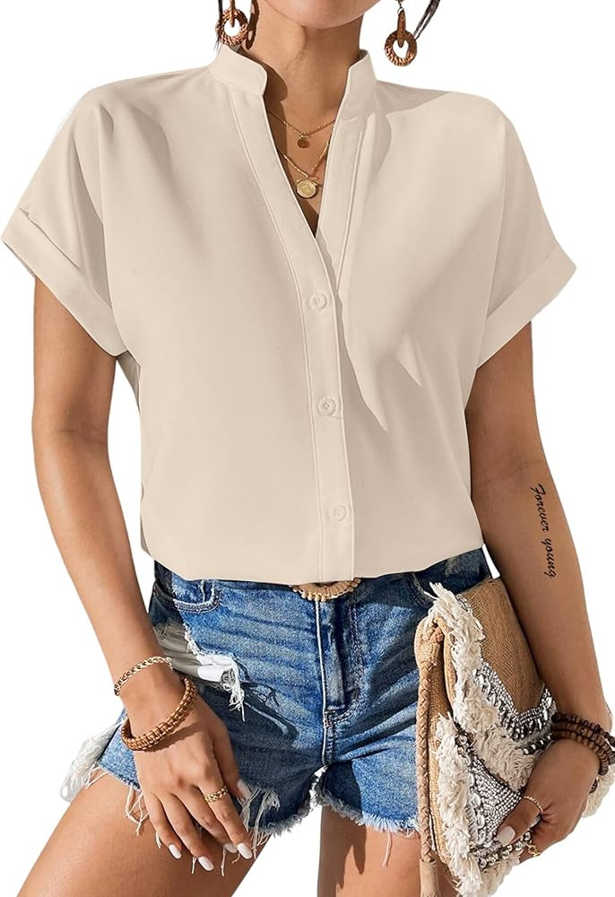 Avanova Women Button Down Short Sleeve Shirt Blouse V Neck Work Business Top | Amazon (US)