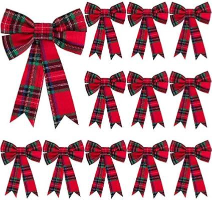 WILLBOND 12 Pieces Christmas Plaid Bow Red and Green Plaid Bow Christmas Tree Ornament Bows for C... | Amazon (US)